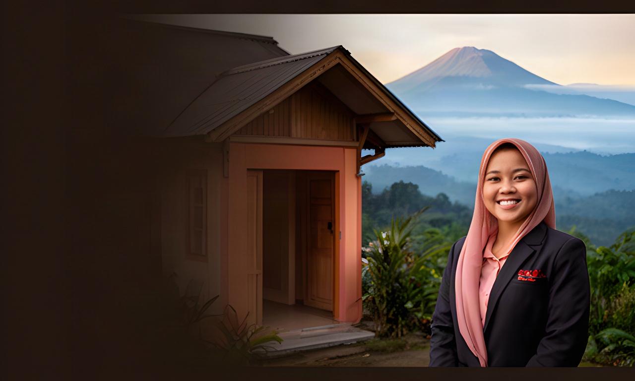 Petugas resepsionis pariwisata tersenyum di depan penginapan dengan latar Pegunungan Dempo